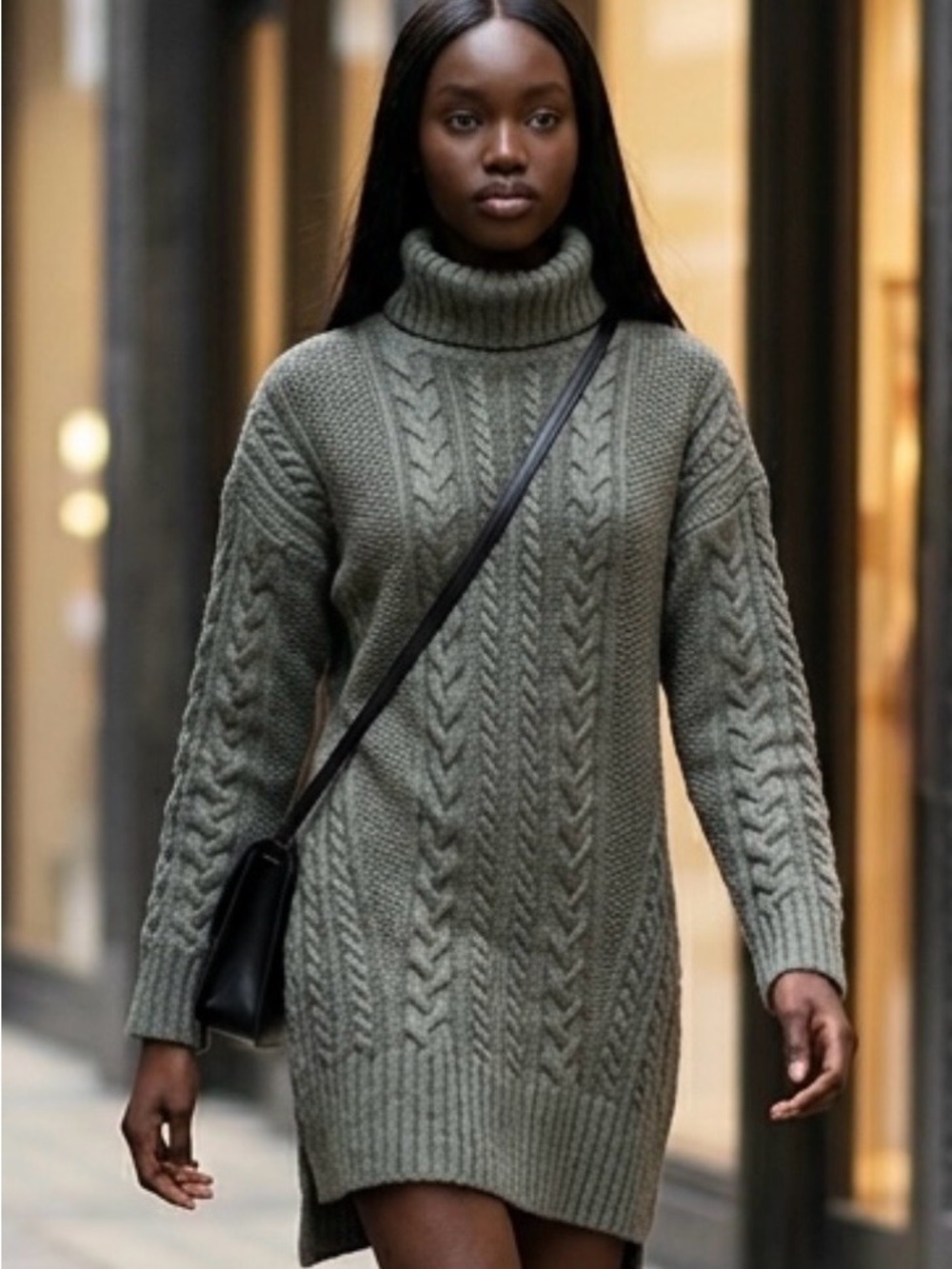 Massimo Dutti Gray Y2K Cottagecore Cable Knit Wool Turtleneck Mini Dress-M